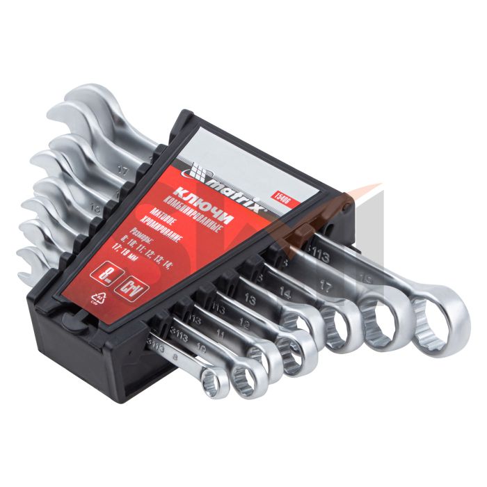 Набор ключей комбинированных, 8-19 мм, 8 шт, CrV, матовый хром Matrix