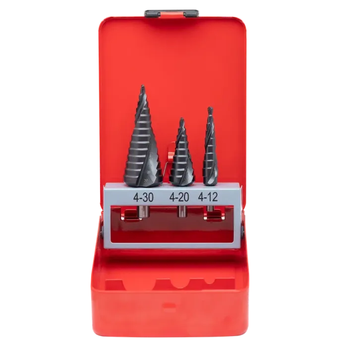 Набор из 3 шт ступенчатых сверл со спиральной канавкой HSS M2  4-12, 4-20, 4-30