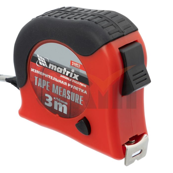Рулетка Double fixation, 3 м х 16 мм, обрезиненный корпус, двойная плавная фиксация// Matrix