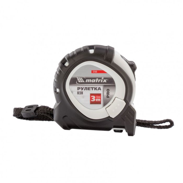 Рулетка Neon, 3 м x 16 мм, обрезиненный корпус, 3 фиксации, PRO// Matrix