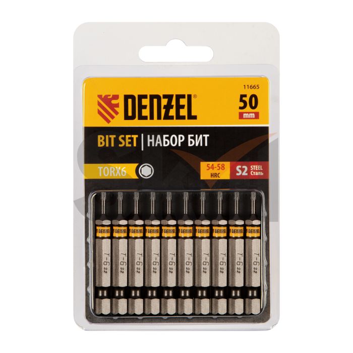 Бита TX 6х50, сталь S2, шестигранный профиль, 10 шт. Е 6,3 Denzel