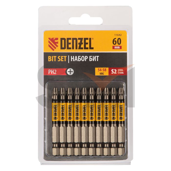 Бита PH2х60, сталь S2, цилиндр., 10 шт. Е 6,3 Denzel