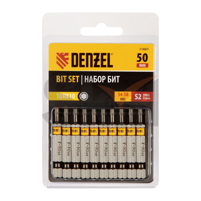 Бита TX 10х50, сталь S2, шестигранный профиль, 10 шт. Е 6,3 Denzel