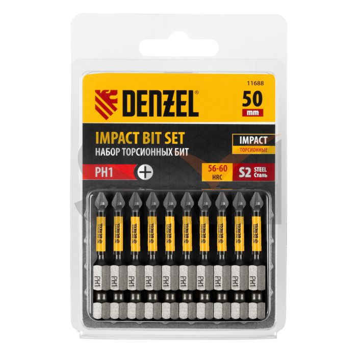 Бита IMPACT, PH1x50 мм, лазерная обработка шлица, сталь S2, 10 шт., Е 6,3 Denzel