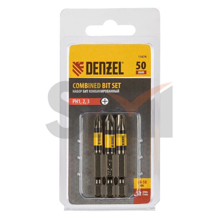 Набор бит комбинированный 3 шт., РН1, РН2, РН3, 50 мм, сталь S2 Denzel