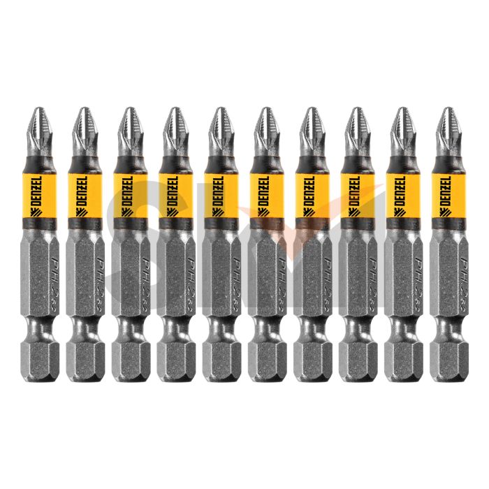 Бита PH2х50, сталь легированная S2, 10 шт., круглый профиль, отрывная упаковка, Е 6,3 Denzel