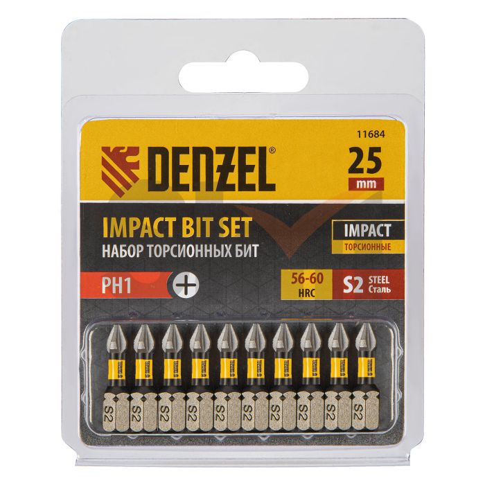 Бита IMPACT, PH1x25 мм, лазерная обработка шлица, сталь S2, 10 шт., Е 6,3 Denzel