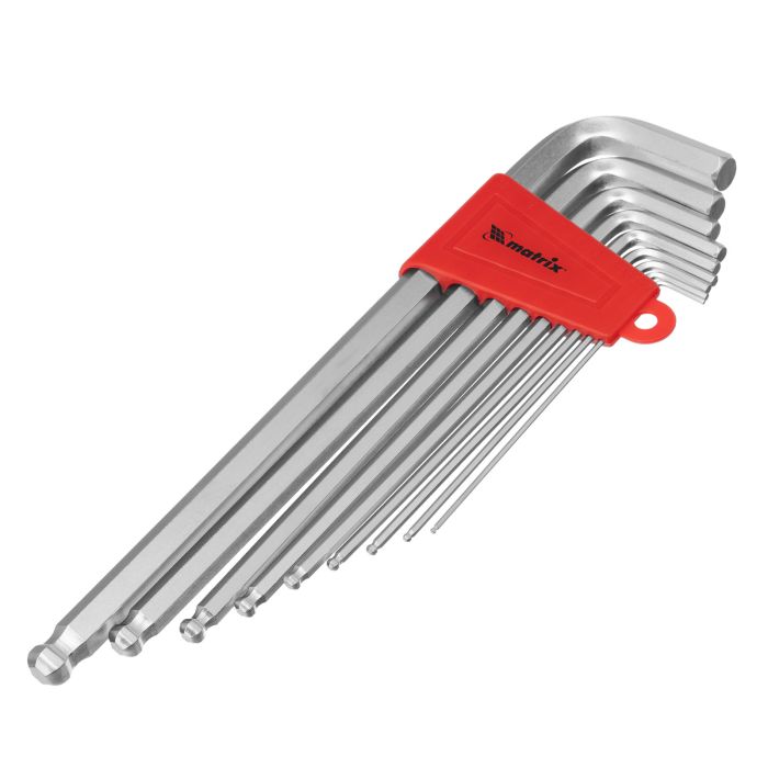 Набор ключей имбусовых HEX, 1,5–10 мм, CrV, 9 шт., экстра-длин, c шаром, сатин.// Matrix
