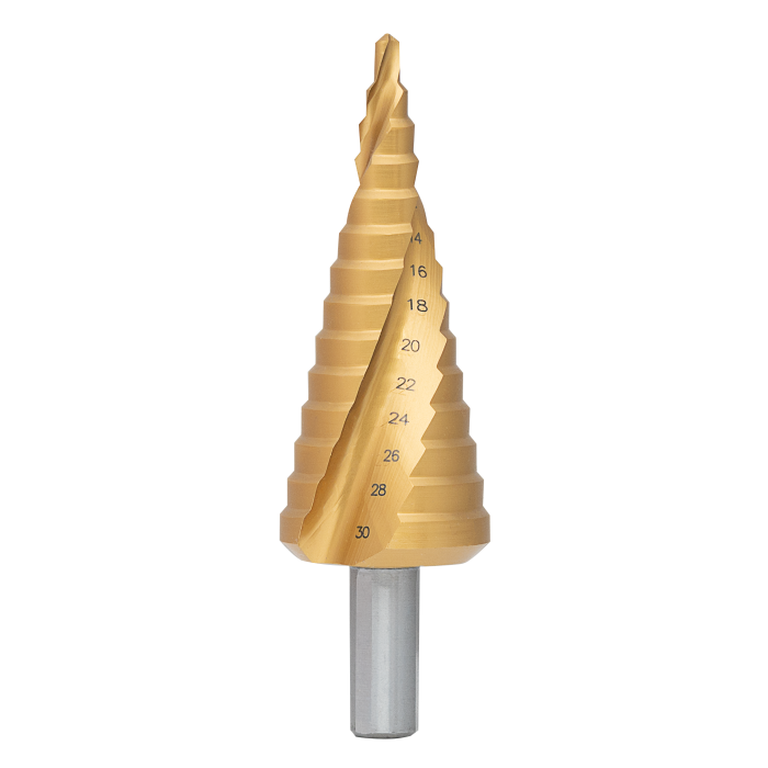 Ступенчатое сверло со спиральной канавкой HSS M2, покрытие TiN, 14 ступеней, 4-30мм