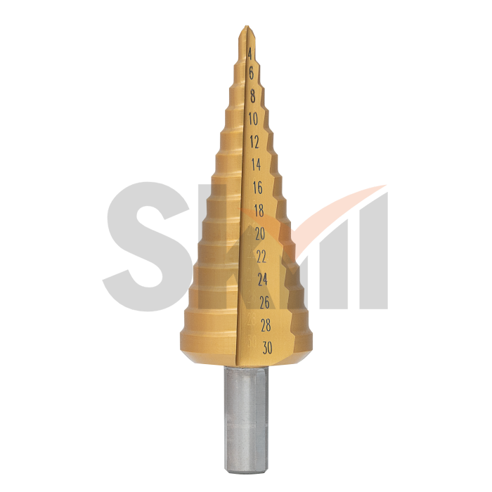 Ступенчатое сверло с прямой канавкой HSS M2, покрытие TiN-GOLD, 4-20 мм